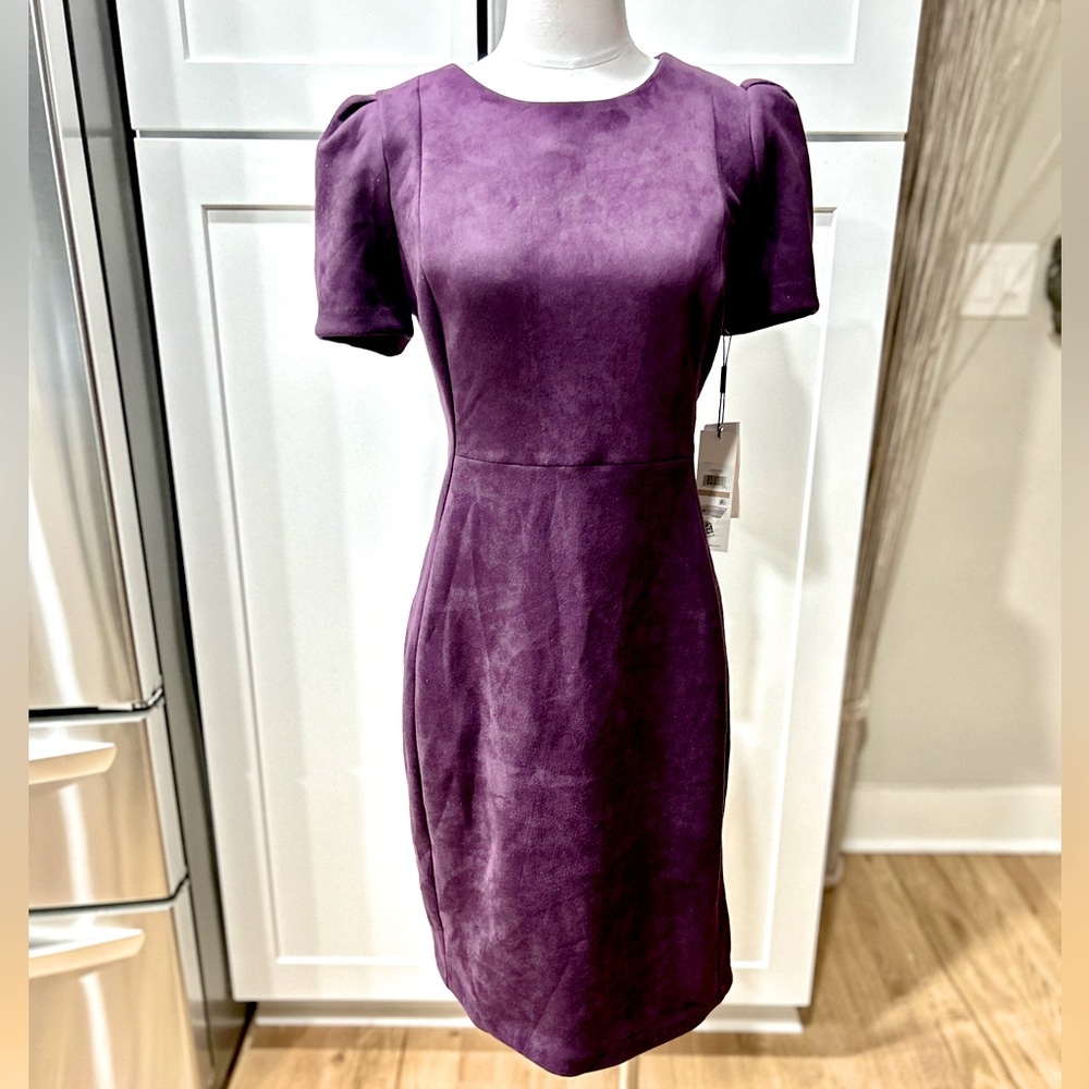 NWT Calvin Klein Faux Suede Short Sleeve Sheath Dress With Gold Back Zip